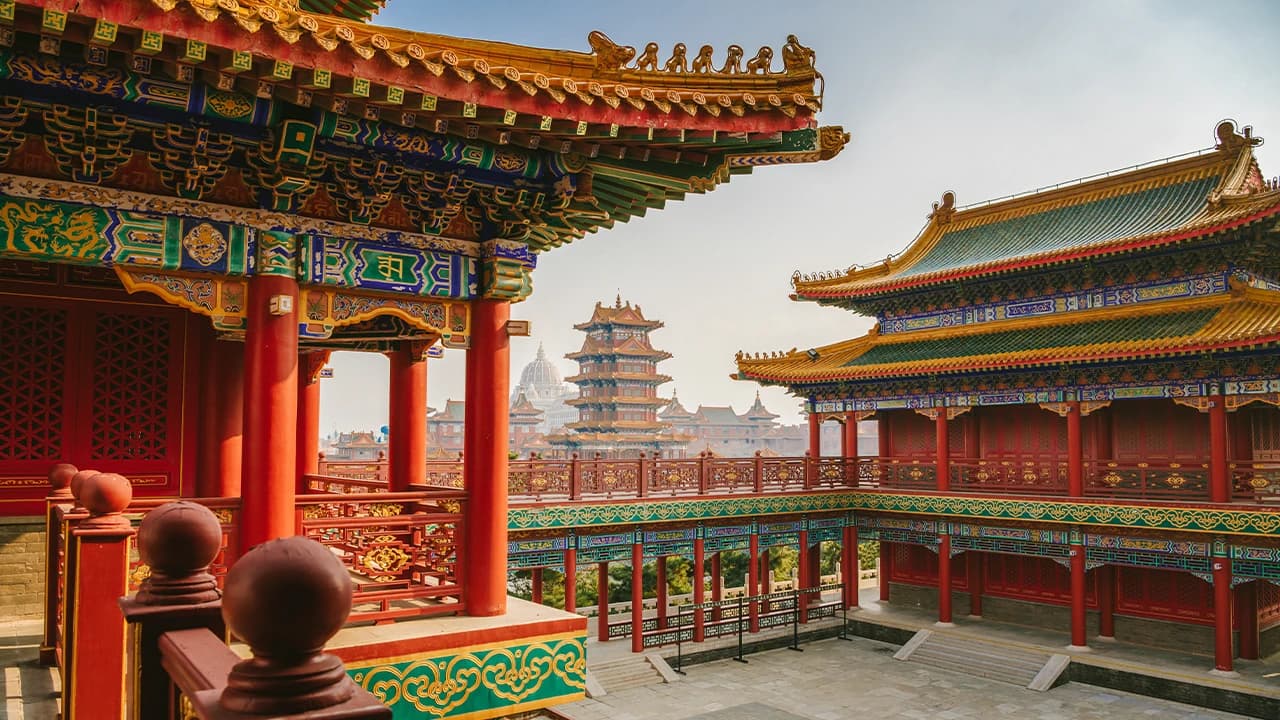 Ornate imperial pavilion rooftops, Beijing