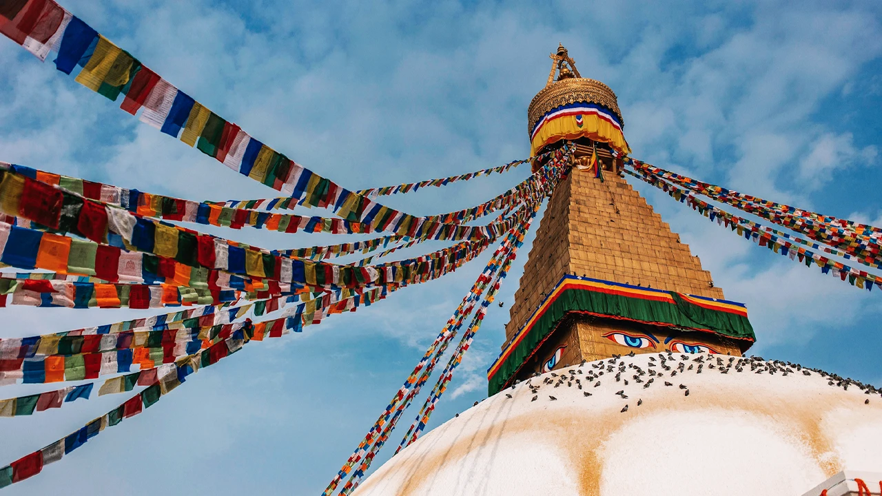Boudhanath Stupa with colourful prayer flags, Kathmandu, Nepal