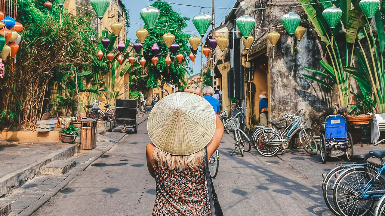 Train Street Hanoi with Vietnamese flag